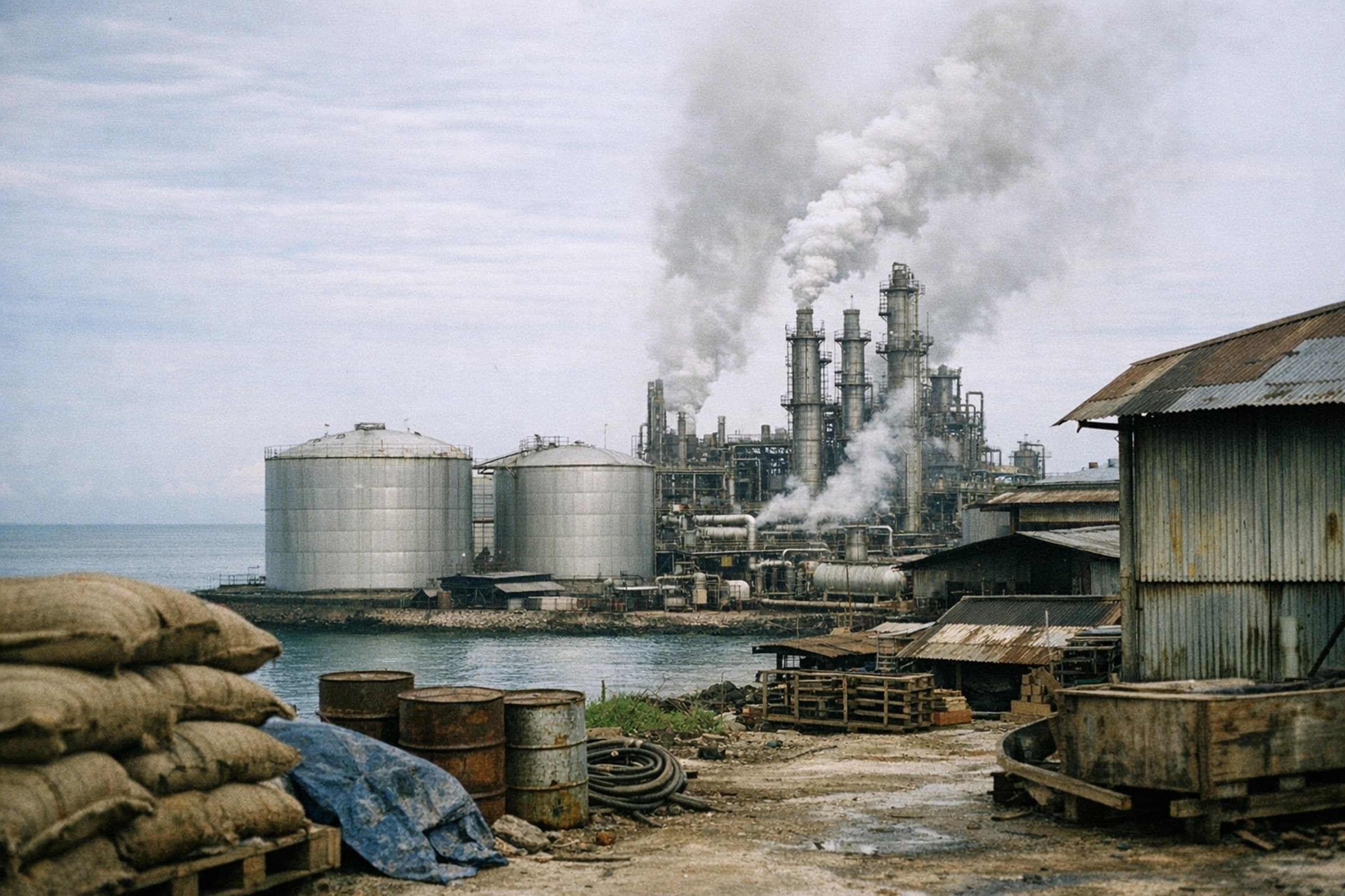 RBD palm olein filling a flexitank at a Sumatra refinery export bay with shore tanks and loading arms visible